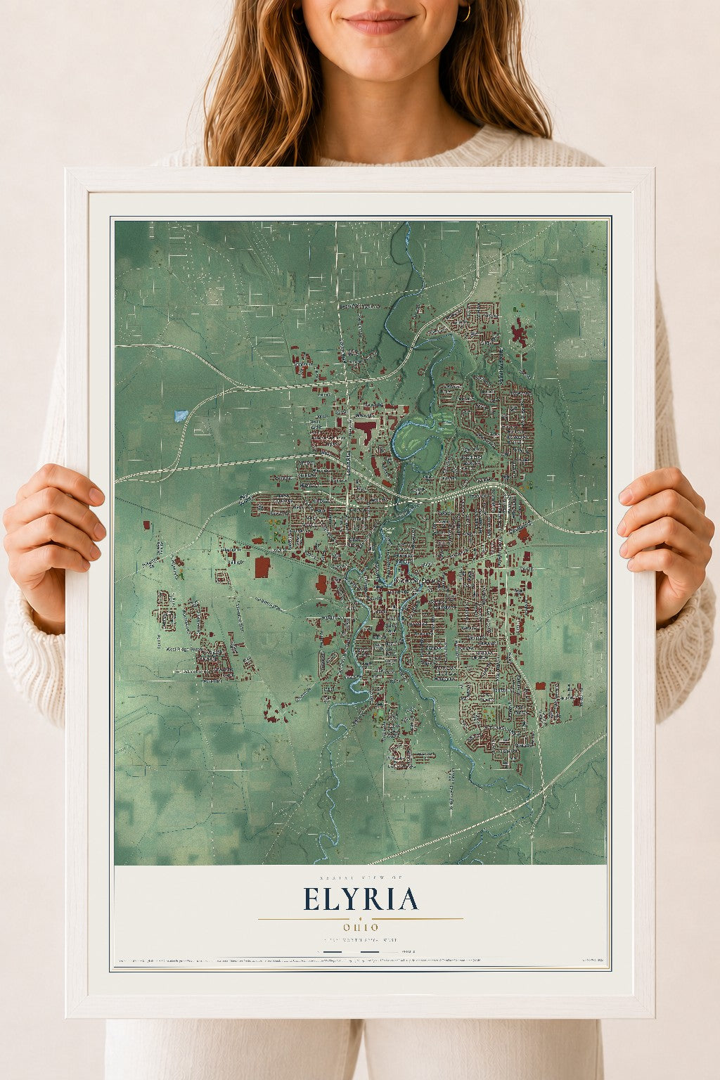 Map of Elyria, Ohio, 18 x 24 inch print in a white wood frame