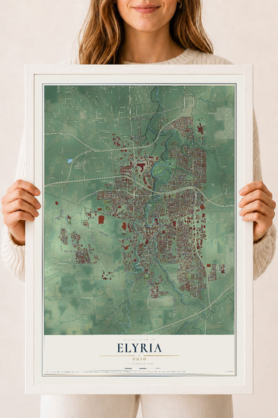 Map of Elyria, Ohio, 18 x 24 inch print in a white wood frame