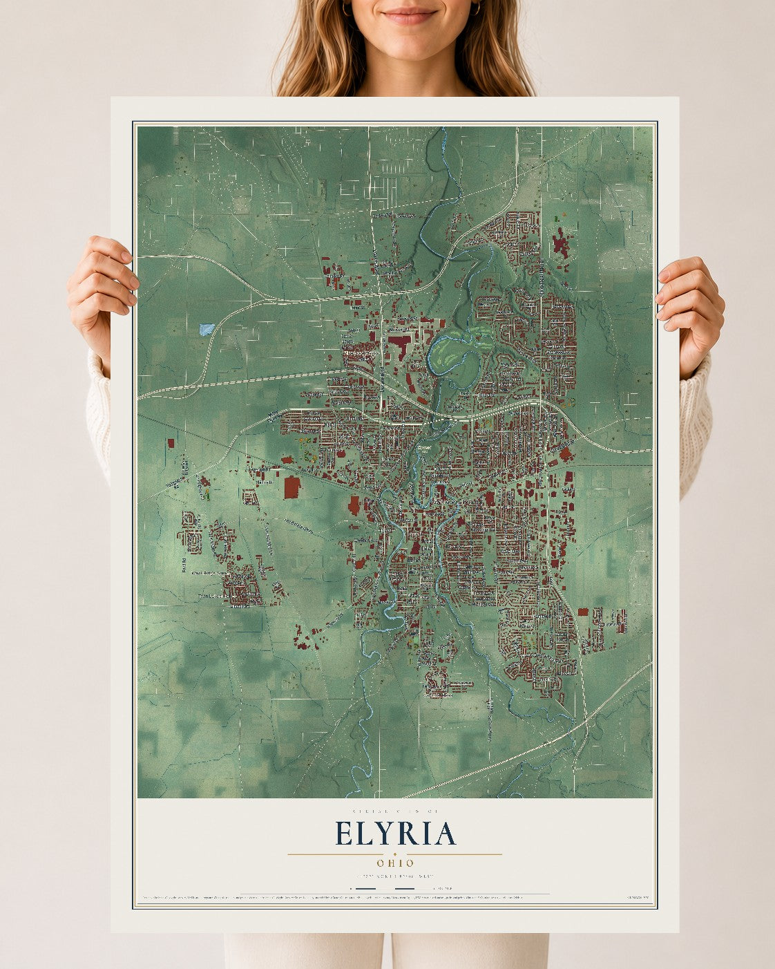 Map of Elyria, Ohio, 24 x 36 inch unframed archival matte print