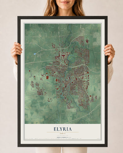 Map of Elyria, Ohio, 24 x 36 inch print in a black wood frame