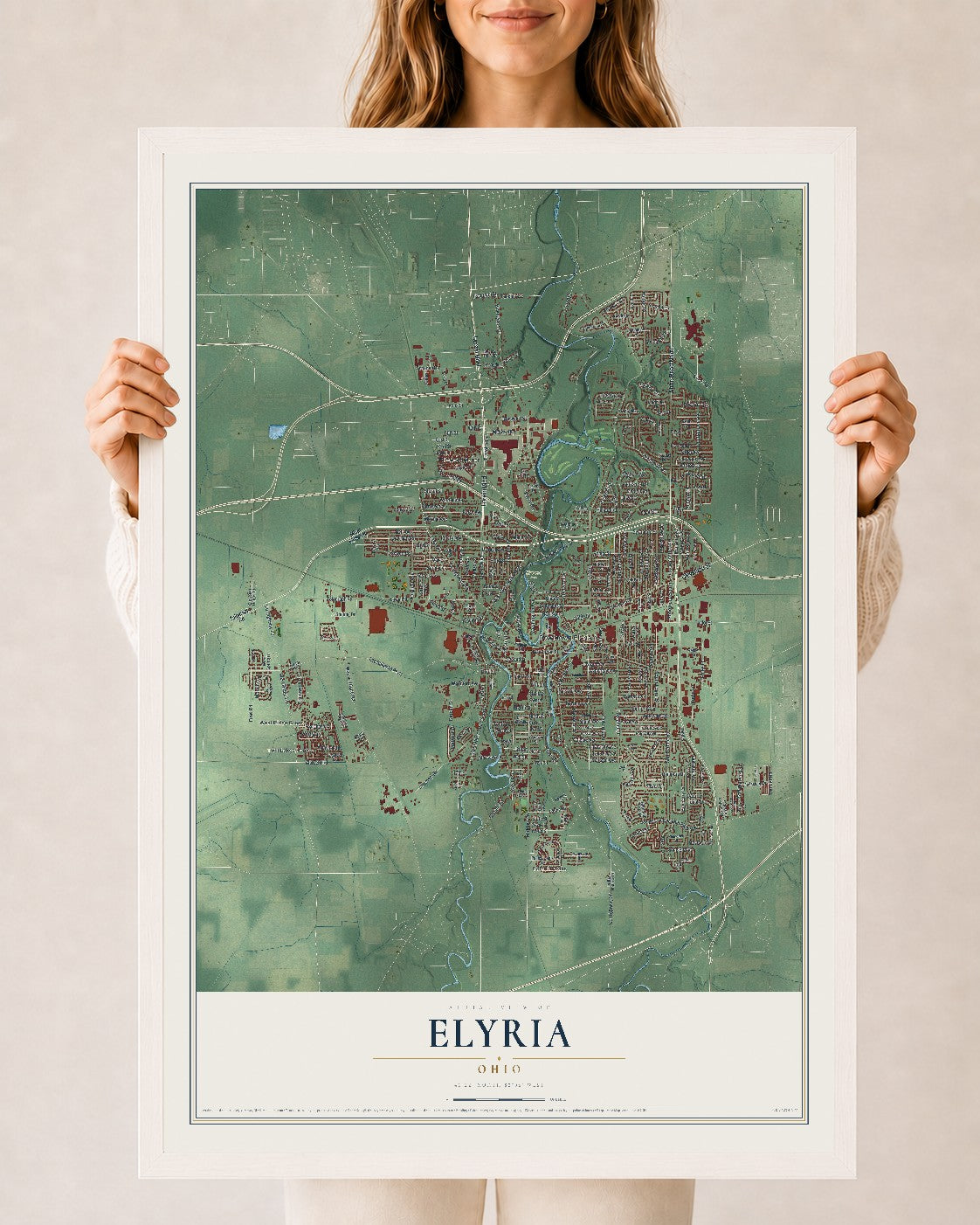 Map of Elyria, Ohio, 24 x 36 inch print in a white wood frame