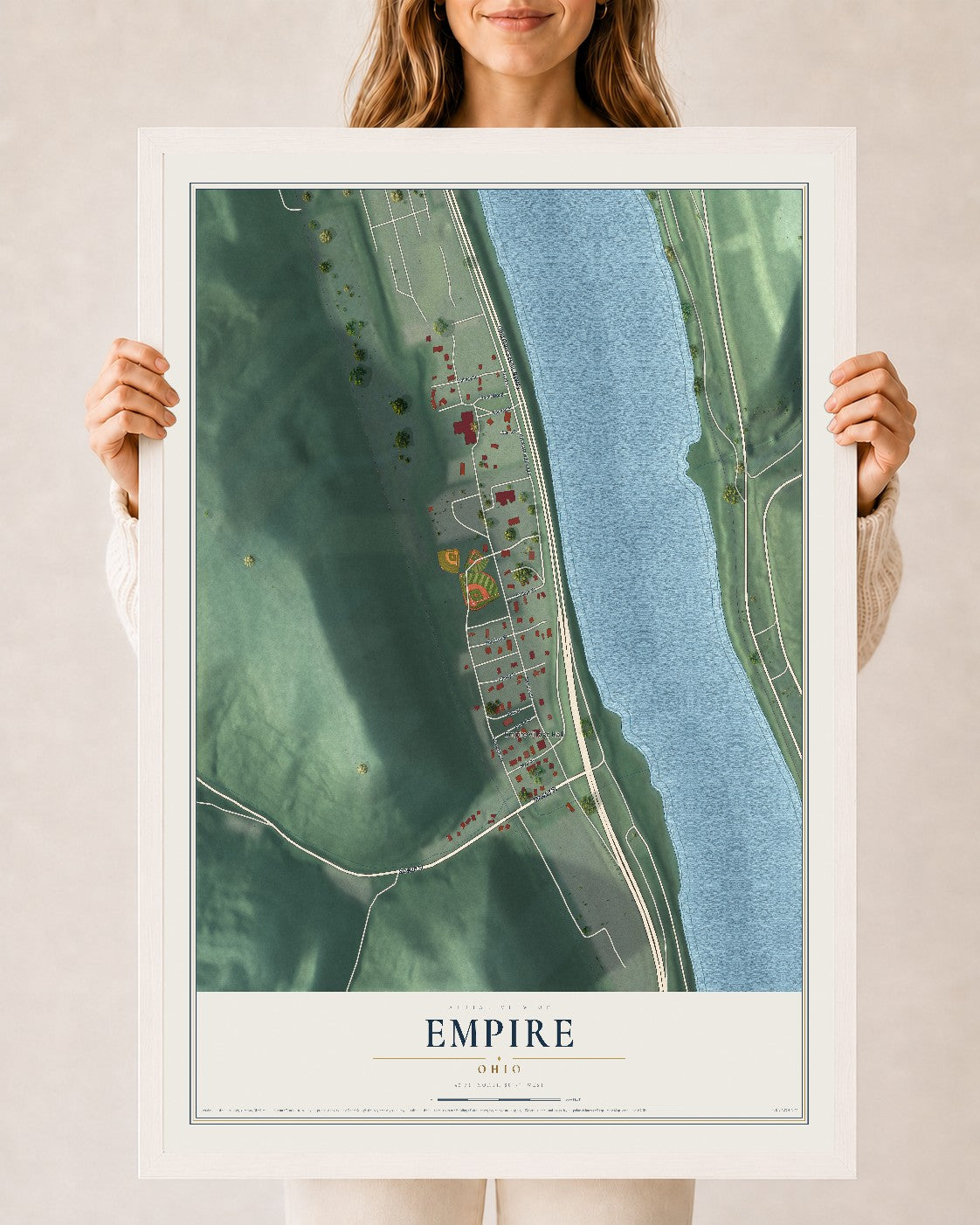 Map of Empire, Ohio, 24 x 36 inch print in a white wood frame