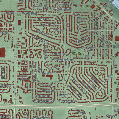 Close-up of the map of Englewood, Ohio print showing street and building detail