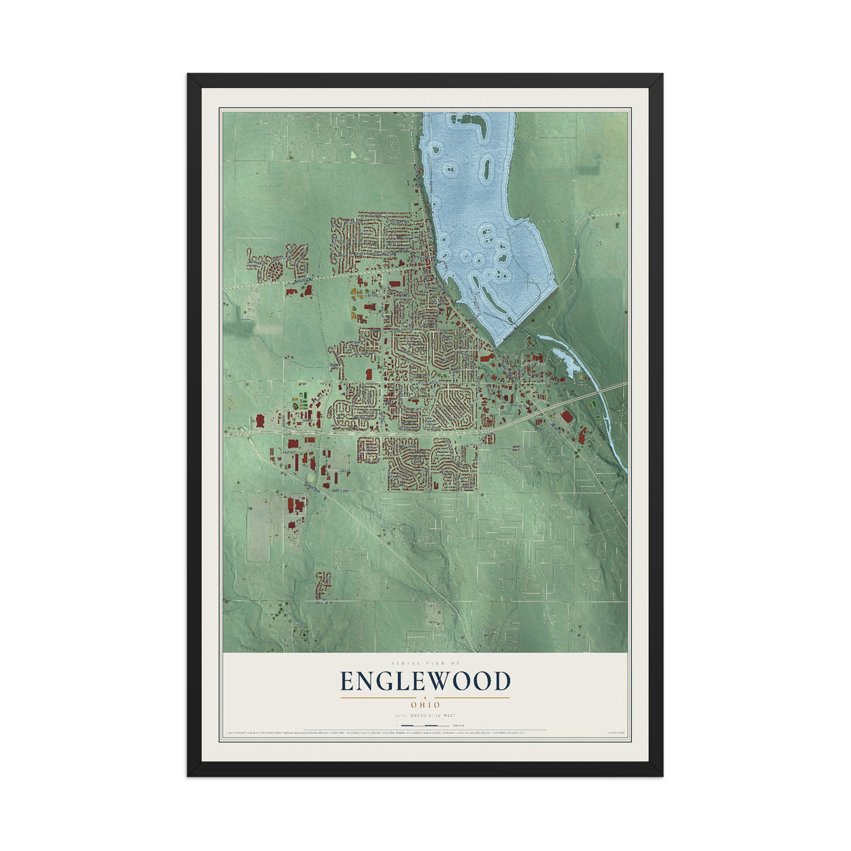 Map of Englewood, Ohio, 12 x 18 inch print in a black wood frame