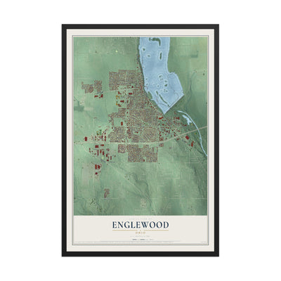 Map of Englewood, Ohio, 12 x 18 inch print in a black wood frame