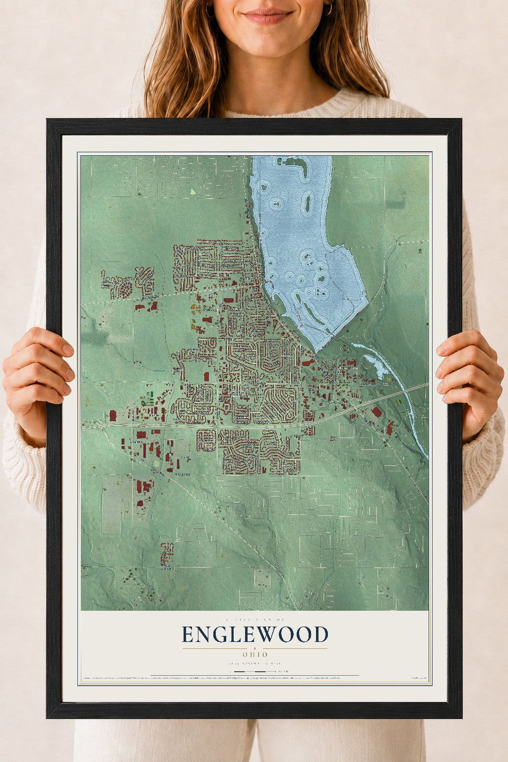 Map of Englewood, Ohio, 18 x 24 inch print in a black wood frame
