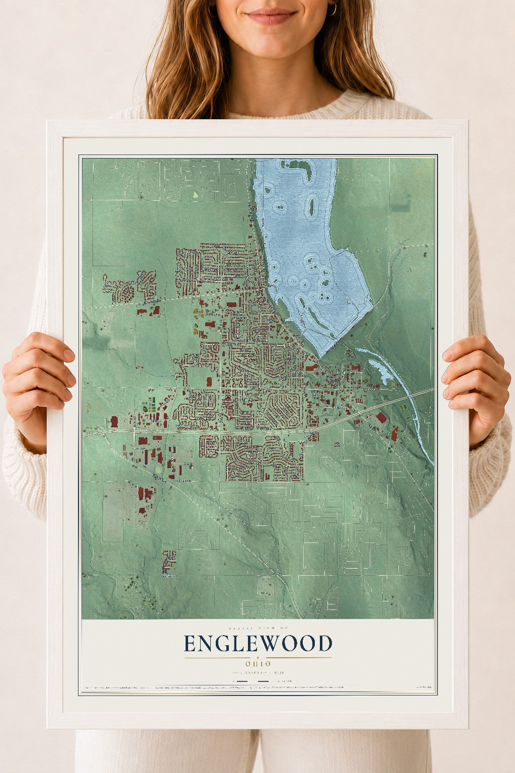 Map of Englewood, Ohio, 18 x 24 inch print in a white wood frame