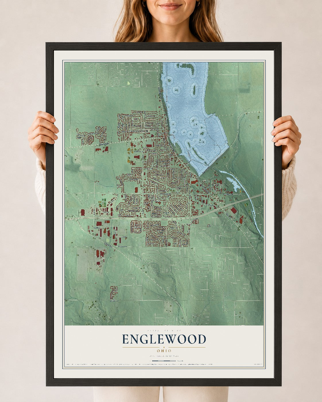 Map of Englewood, Ohio, 24 x 36 inch print in a black wood frame