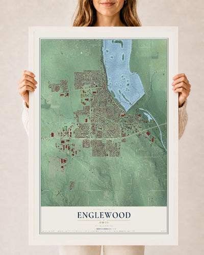 Map of Englewood, Ohio, 24 x 36 inch print in a white wood frame