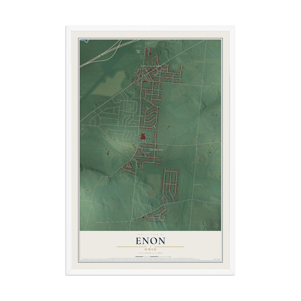 Map of Enon, Ohio, 12 x 18 inch print in a white wood frame