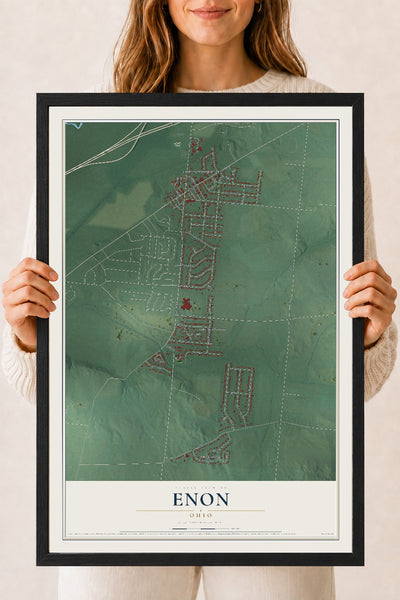 Map of Enon, Ohio, 18 x 24 inch print in a black wood frame