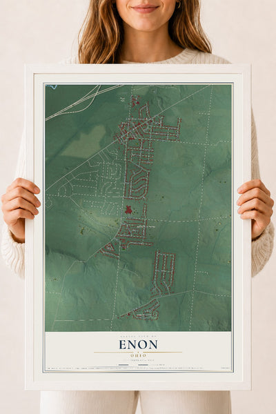 Map of Enon, Ohio, 18 x 24 inch print in a white wood frame