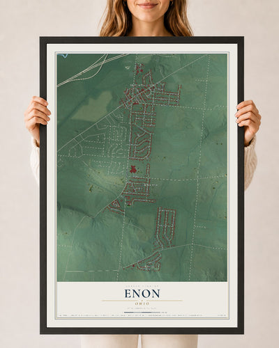 Map of Enon, Ohio, 24 x 36 inch print in a black wood frame