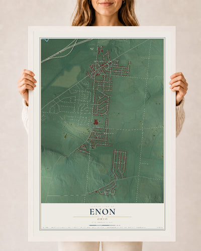 Map of Enon, Ohio, 24 x 36 inch print in a white wood frame