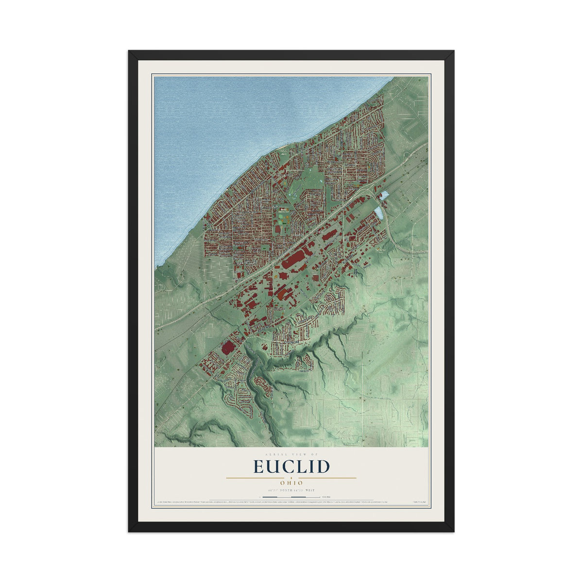 Map of Euclid, Ohio, 12 x 18 inch print in a black wood frame