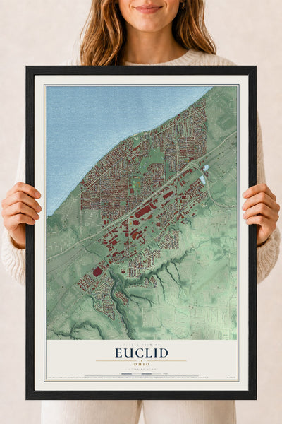 Map of Euclid, Ohio, 18 x 24 inch print in a black wood frame