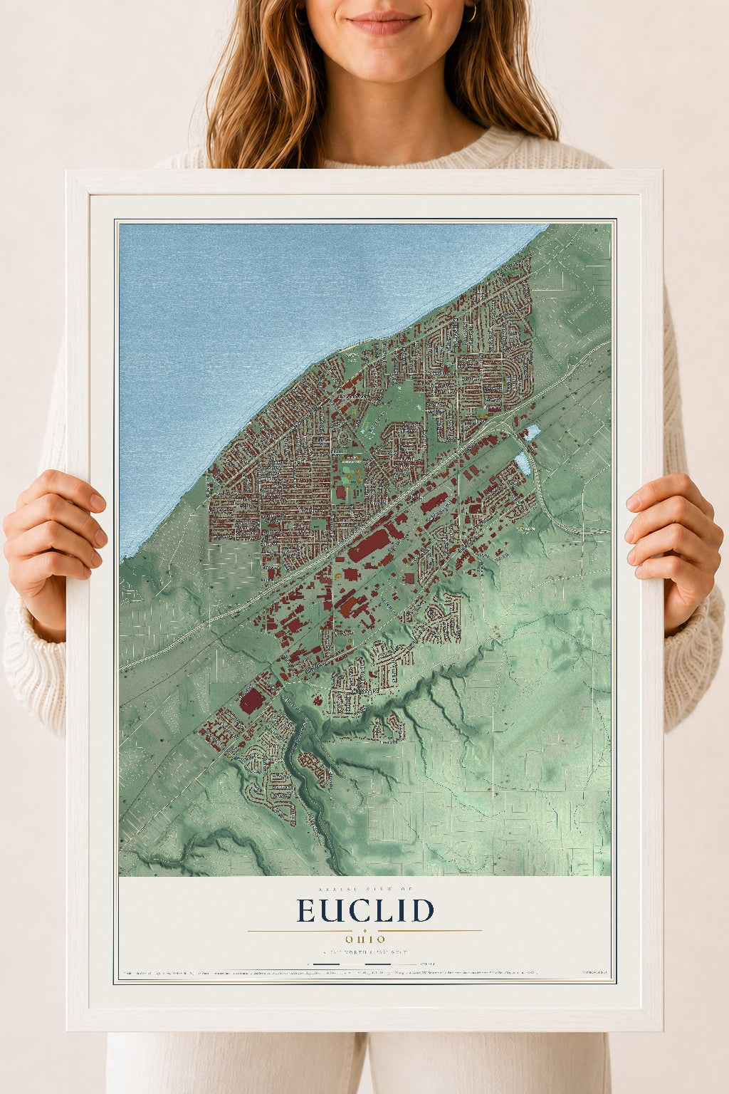 Map of Euclid, Ohio, 18 x 24 inch print in a white wood frame