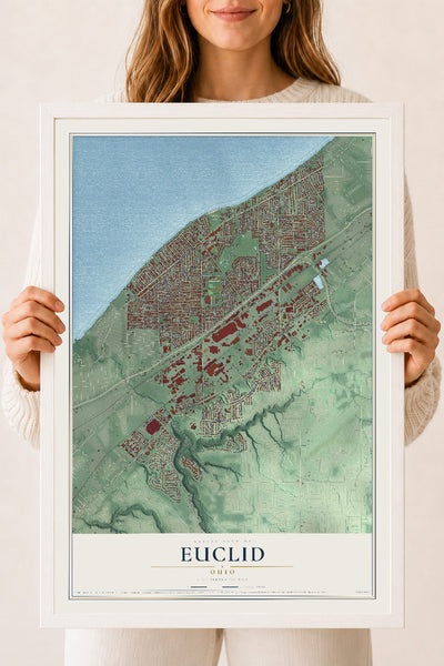 Map of Euclid, Ohio, 18 x 24 inch print in a white wood frame