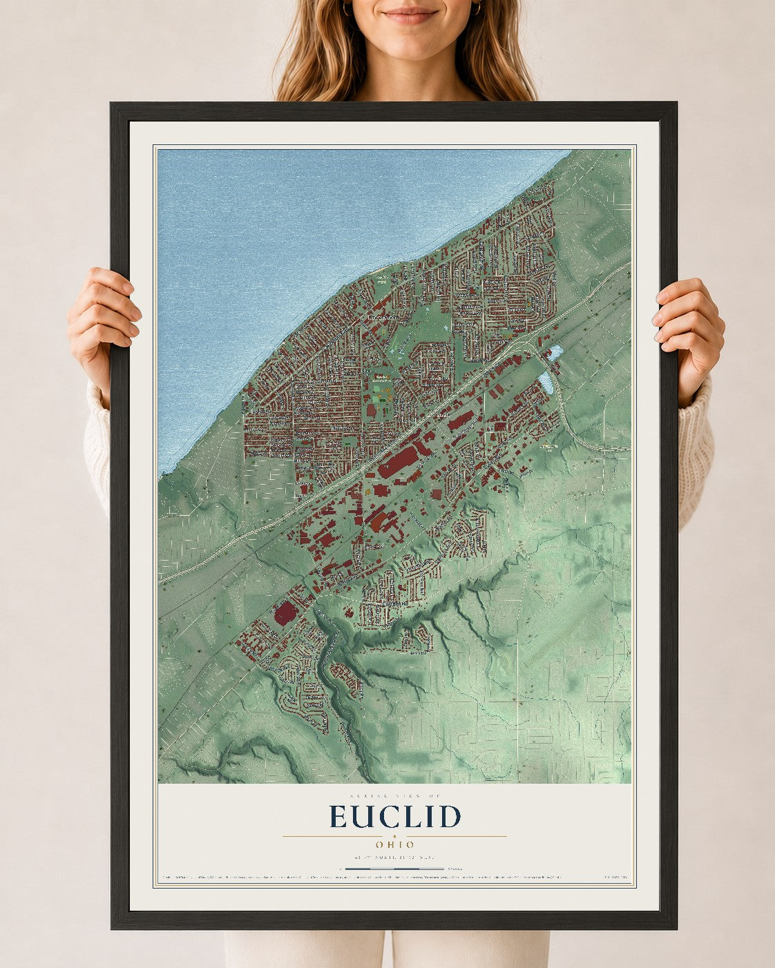 Map of Euclid, Ohio, 24 x 36 inch print in a black wood frame