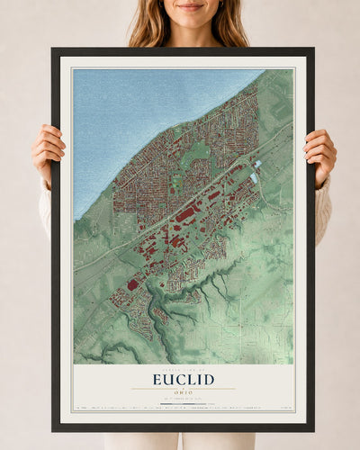 Map of Euclid, Ohio, 24 x 36 inch print in a black wood frame