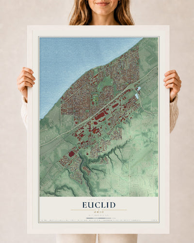 Map of Euclid, Ohio, 24 x 36 inch print in a white wood frame