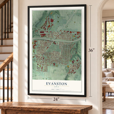 Evanston, Ohio map, 24 x 36 inch print in a black frame by a staircase