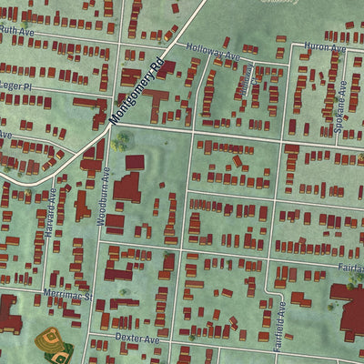 Close-up of the map of Evanston, Ohio print showing street and building detail