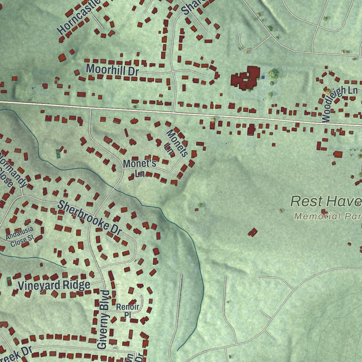 Close-up of the map of Evendale, Ohio print showing street and building detail