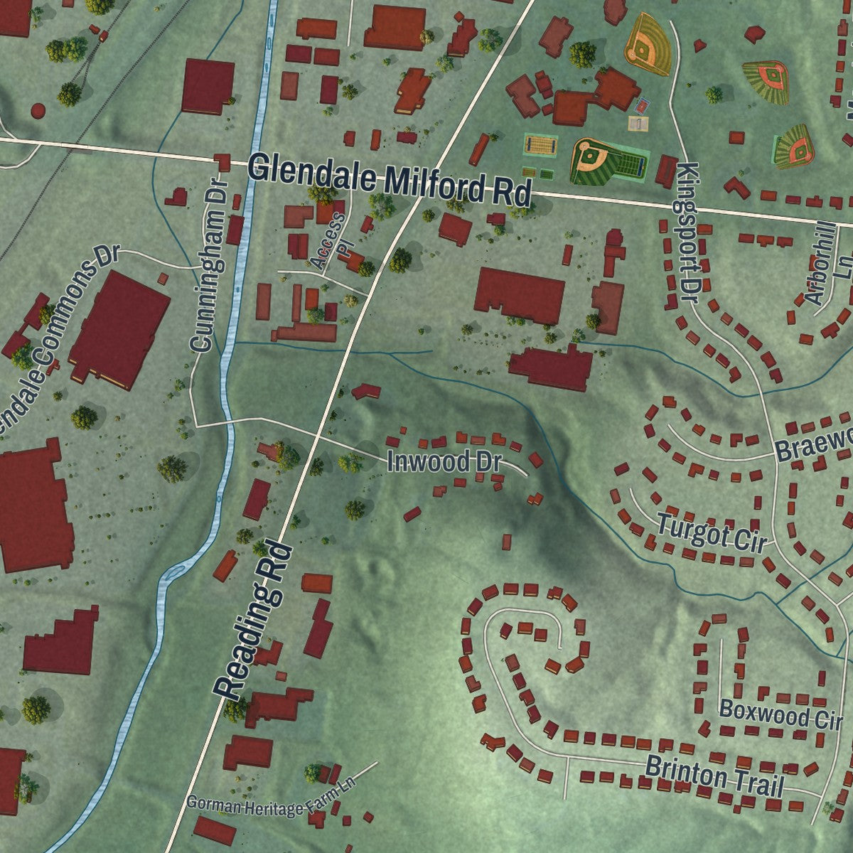 Second close-up of the map of Evendale, Ohio print showing more streets and buildings