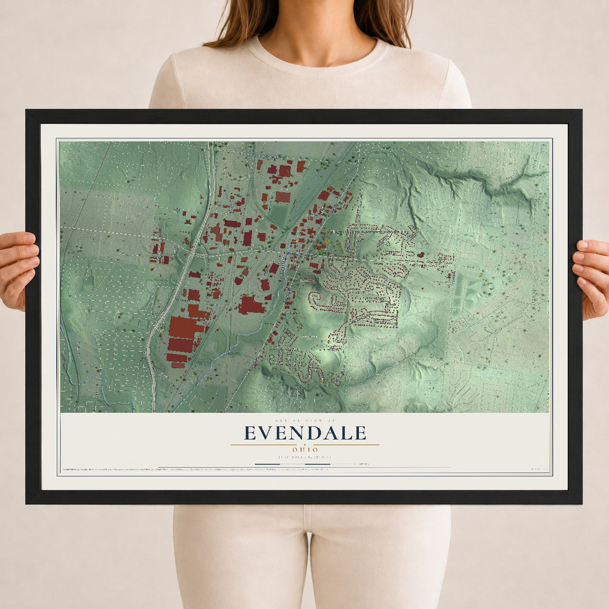 Map of Evendale, Ohio, 18 x 24 inch print in a black wood frame