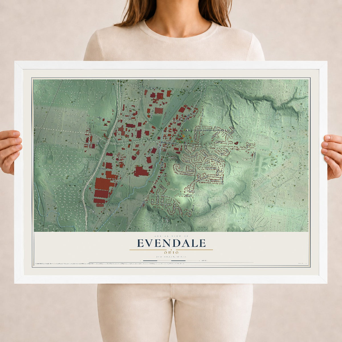Map of Evendale, Ohio, 18 x 24 inch print in a white wood frame