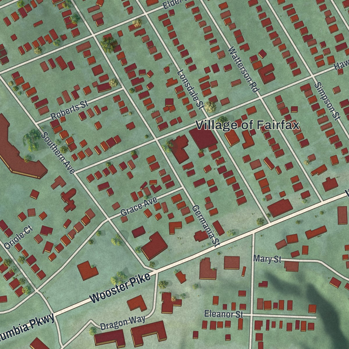 Close-up of the map of Fairfax, Ohio print showing street and building detail