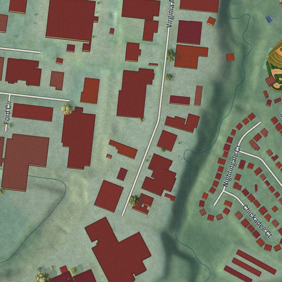Second close-up of the map of Fairfax, Ohio print showing more streets and buildings