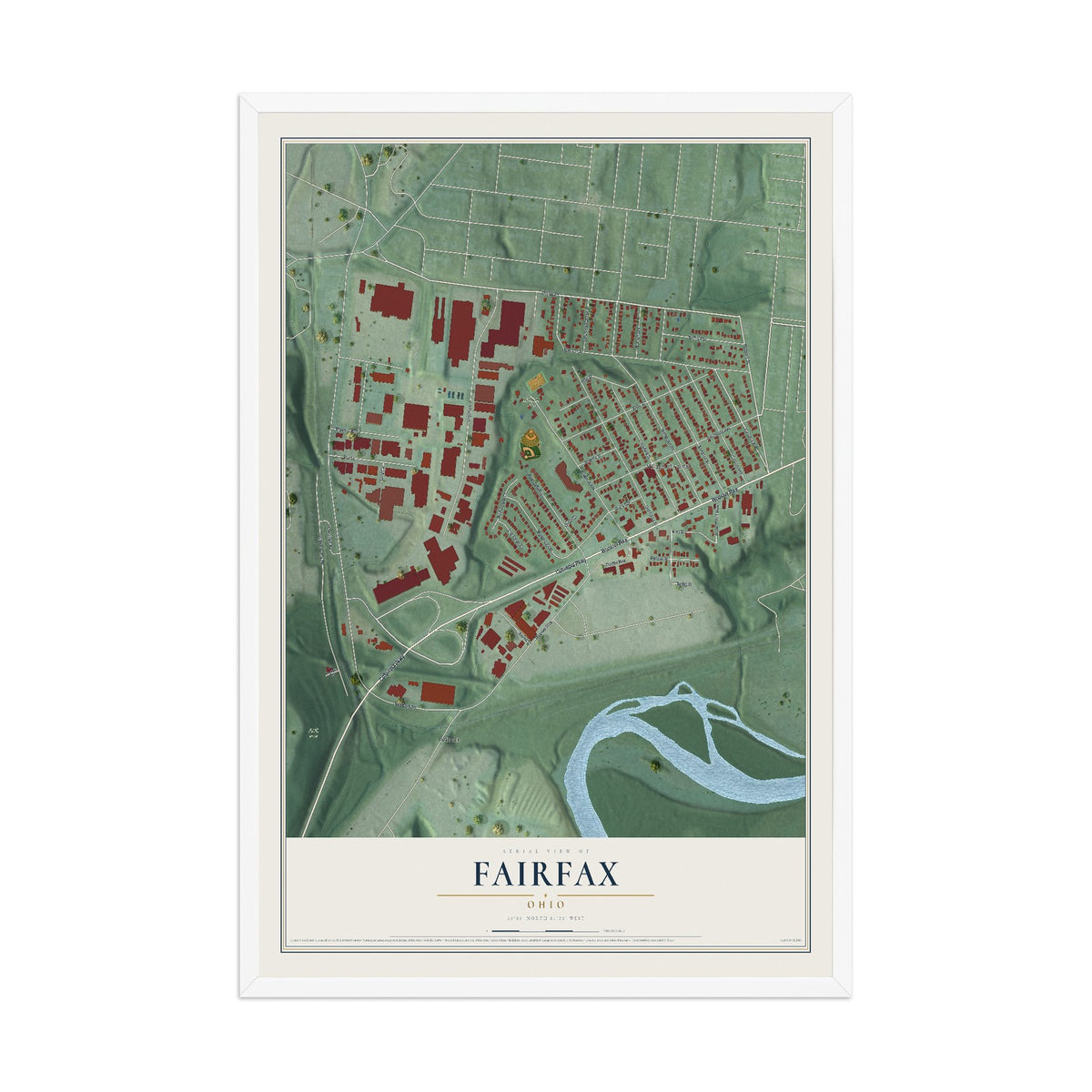 Map of Fairfax, Ohio, 12 x 18 inch print in a white wood frame