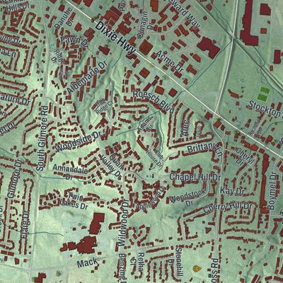 Close-up of the map of Fairfield, Ohio print showing street and building detail