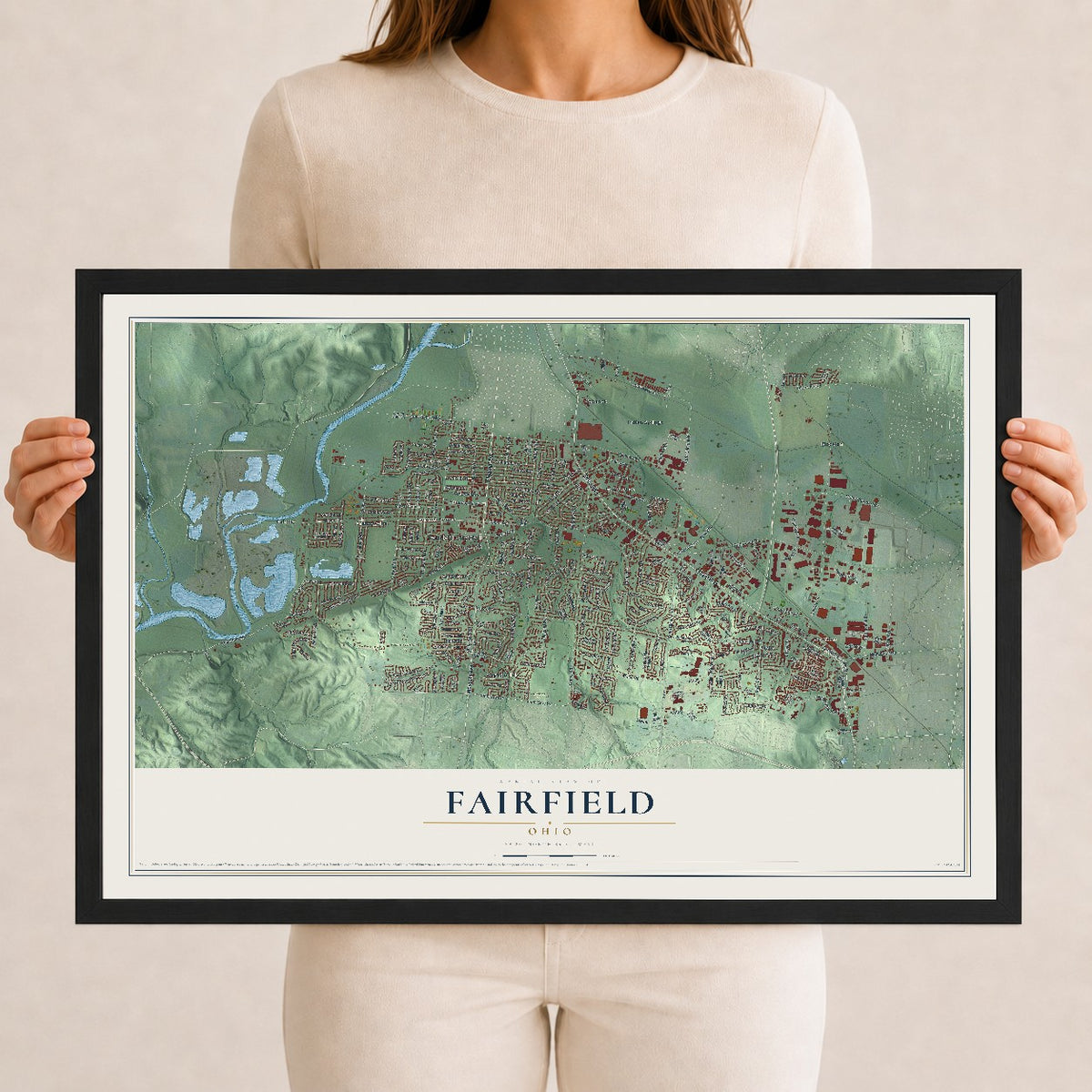 Map of Fairfield, Ohio, 12 x 18 inch print in a black wood frame