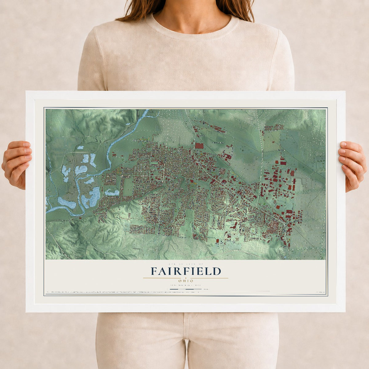 Map of Fairfield, Ohio, 12 x 18 inch print in a white wood frame