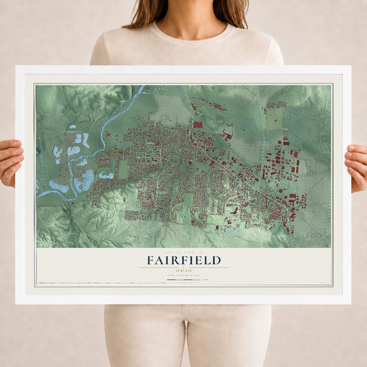 Map of Fairfield, Ohio, 18 x 24 inch print in a white wood frame