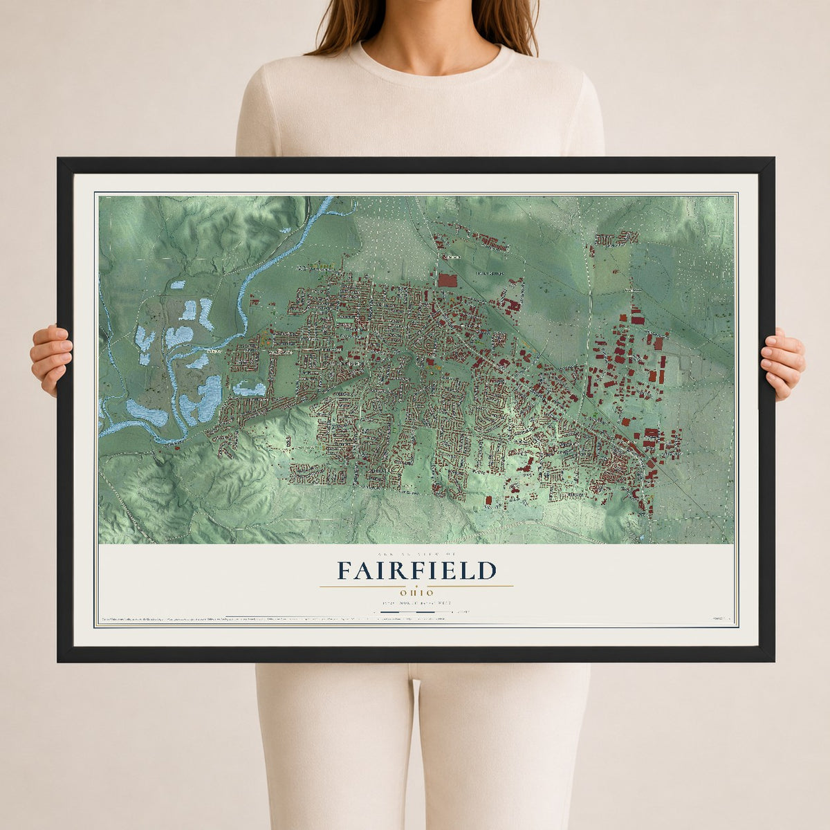 Map of Fairfield, Ohio, 24 x 36 inch print in a black wood frame