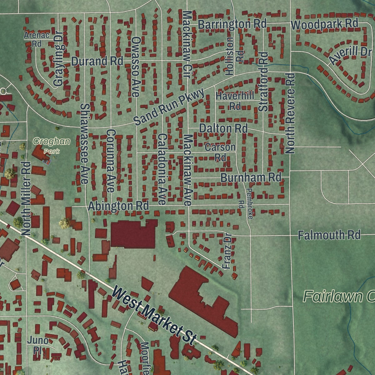 Close-up of the map of Fairlawn, Ohio print showing street and building detail