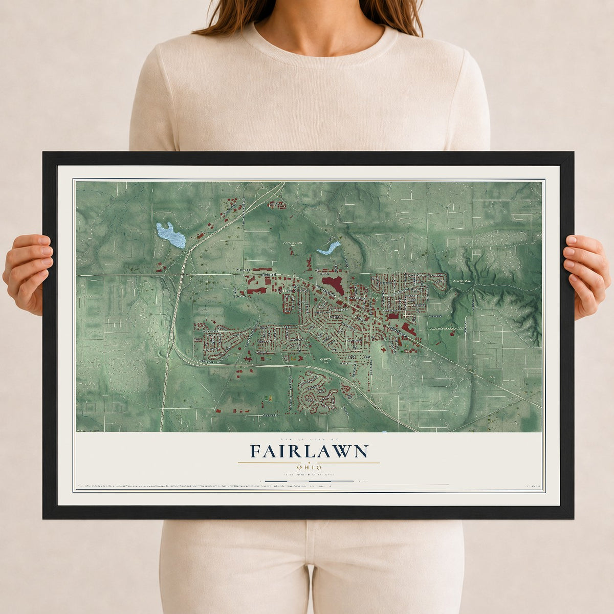 Map of Fairlawn, Ohio, 12 x 18 inch print in a black wood frame