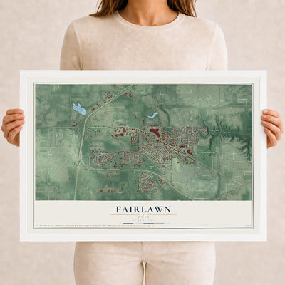 Map of Fairlawn, Ohio, 12 x 18 inch print in a white wood frame