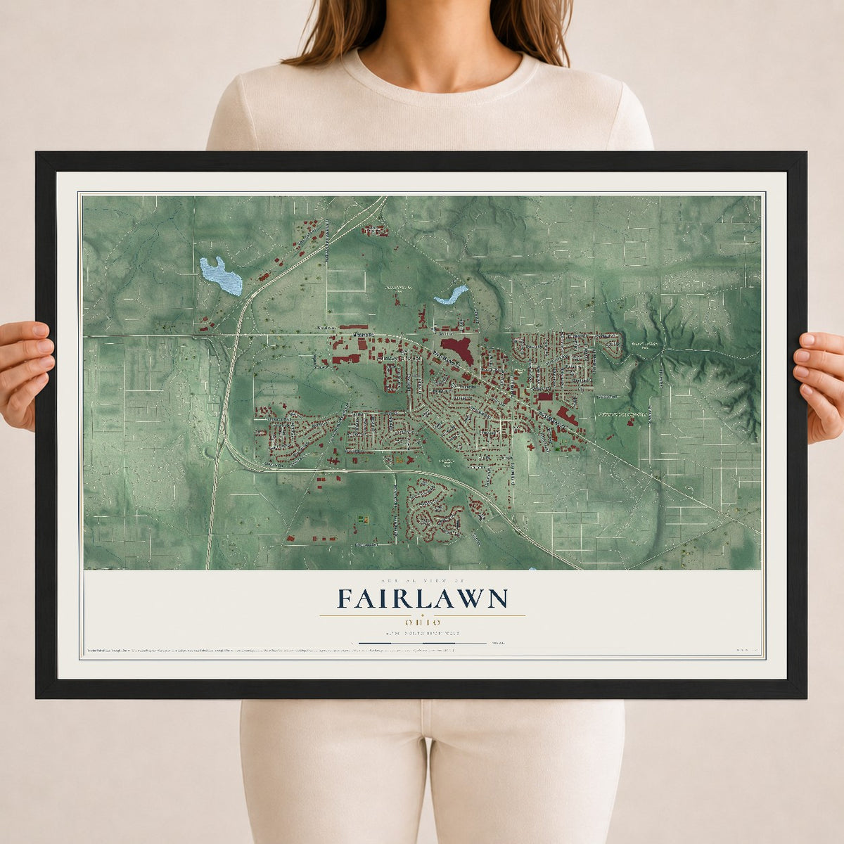 Map of Fairlawn, Ohio, 18 x 24 inch print in a black wood frame