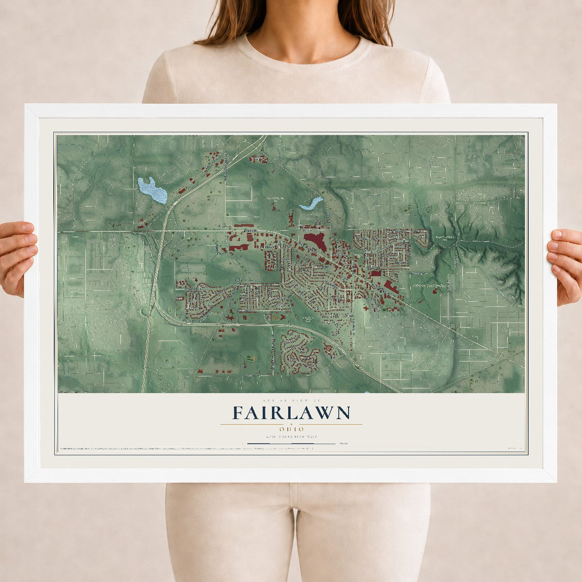 Map of Fairlawn, Ohio, 18 x 24 inch print in a white wood frame
