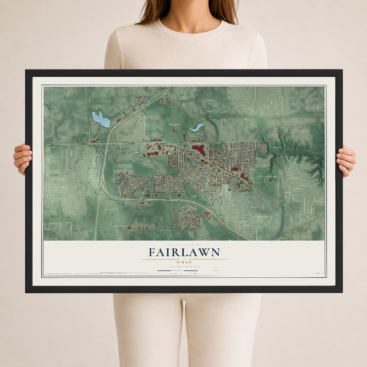 Map of Fairlawn, Ohio, 24 x 36 inch print in a black wood frame