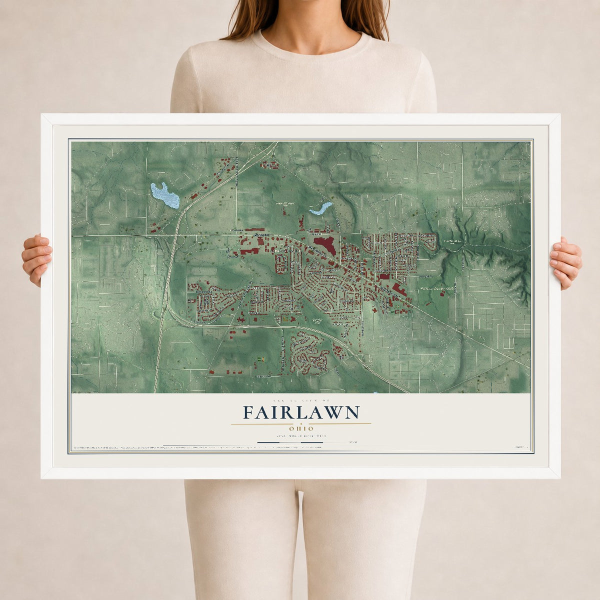 Map of Fairlawn, Ohio, 24 x 36 inch print in a white wood frame