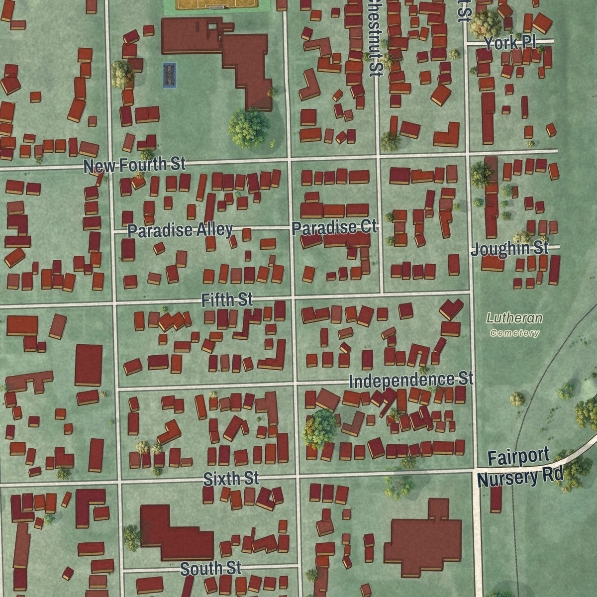 Close-up of the map of Fairport Harbor, Ohio print showing street and building detail