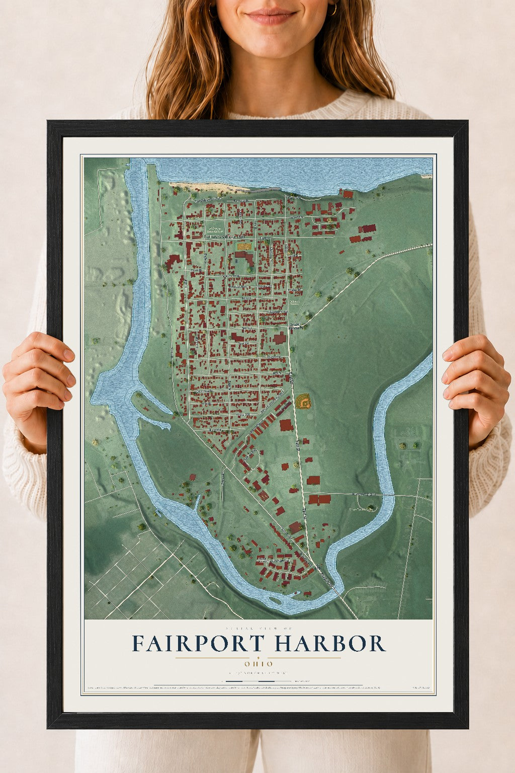 Map of Fairport Harbor, Ohio, 18 x 24 inch print in a black wood frame