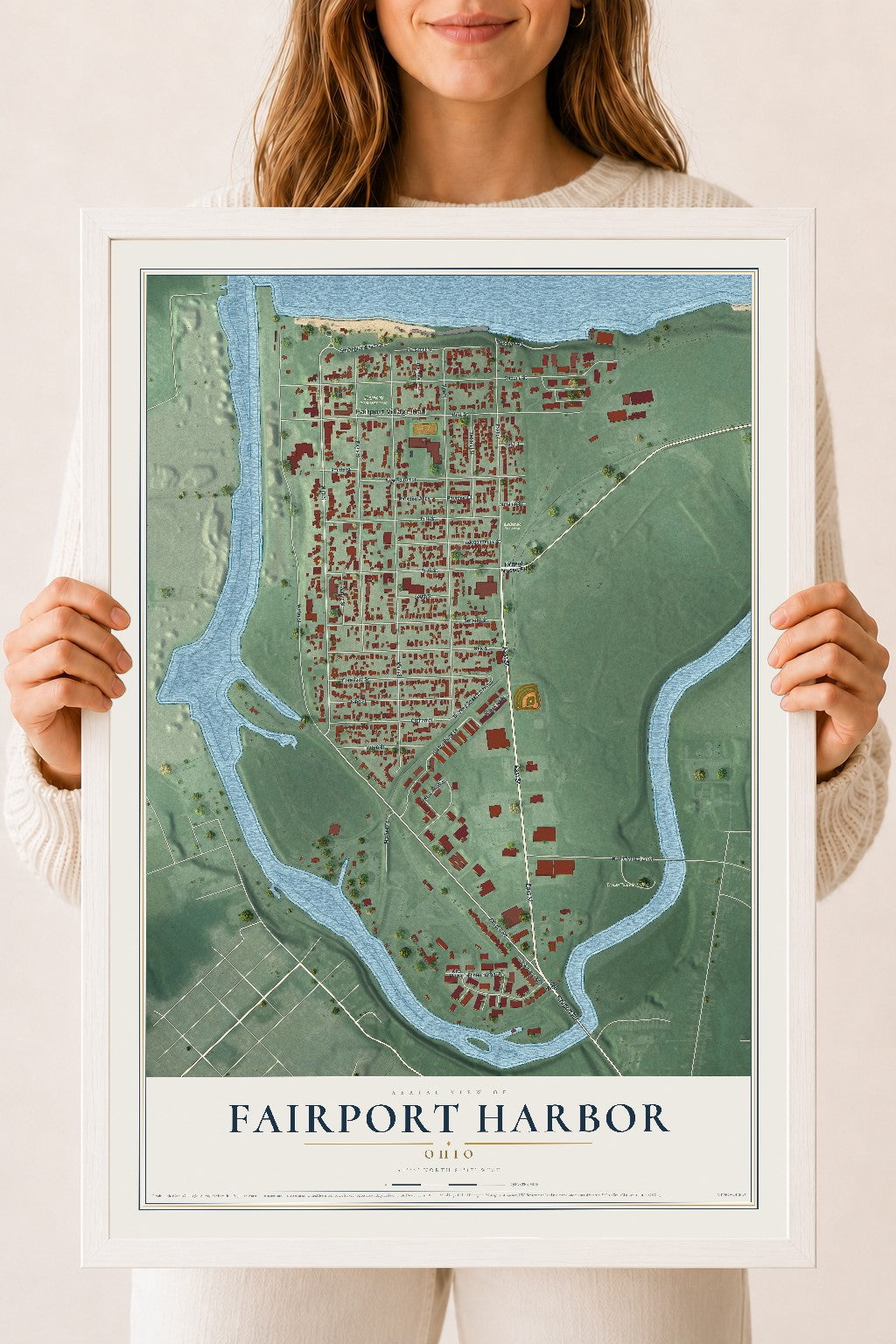 Map of Fairport Harbor, Ohio, 18 x 24 inch print in a white wood frame