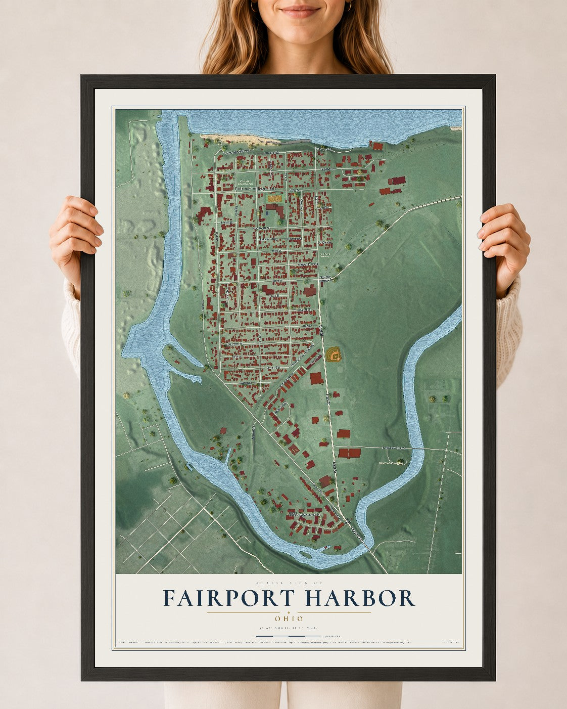 Map of Fairport Harbor, Ohio, 24 x 36 inch print in a black wood frame